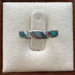 Kabana 14K White Gold Ring with Australian Opals and Round Diamonds Size 5